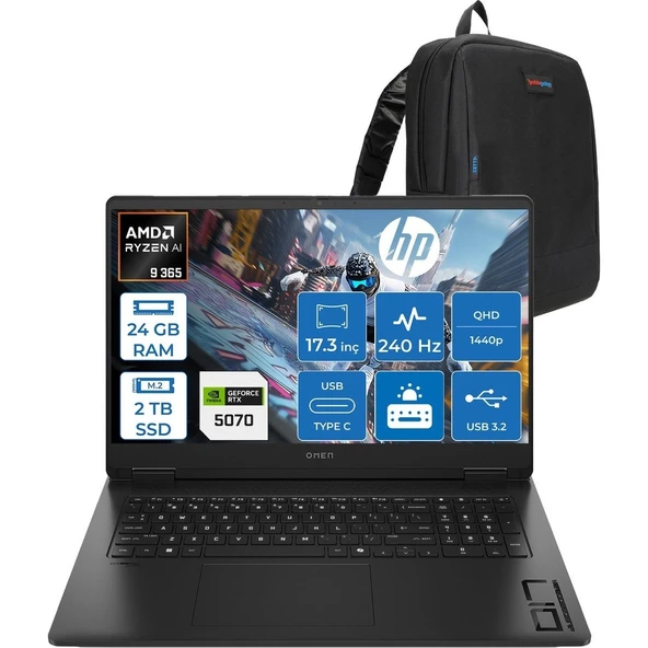 HP Omen Amd Ryzen Aı 9 365 24GB 2tb SSD 8GB/RTX5070 17.3" Qhd (2560X1440) 3ms IPS 240Hz Windows 11 Home Taşınabilir Oyun Bilgisayarı CD5N0EAH07 + Zettaçanta ürün görseli 1