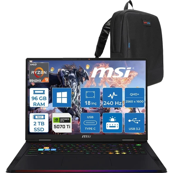 MSI Msı Raıder A18 Hx A8WHG-280TR Amd Ryzen 9 8940HX 96GB Ddr5 2tb SSD Rtx 5070 Ti 12GB Gddr7 140W Windows 11 Pro 18” Qhd+ (2560X1600) 240Hz Ips-Level Oyuncu Bilgisayarı 280TRP22 + Zetta Çanta ürün görseli 1