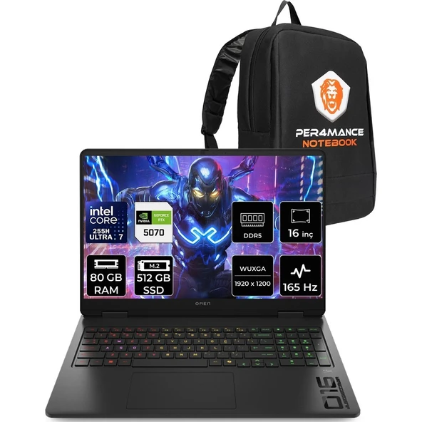 HP Omen 16 Core Ultra 7 255H RTX 5070 8GB 80GB RAM 512GB SSD 16" FHD+ 165Hz FreeDOS BQ1Y6EAPN337 Gaming Laptop + Per4 Çanta ürün görseli 1