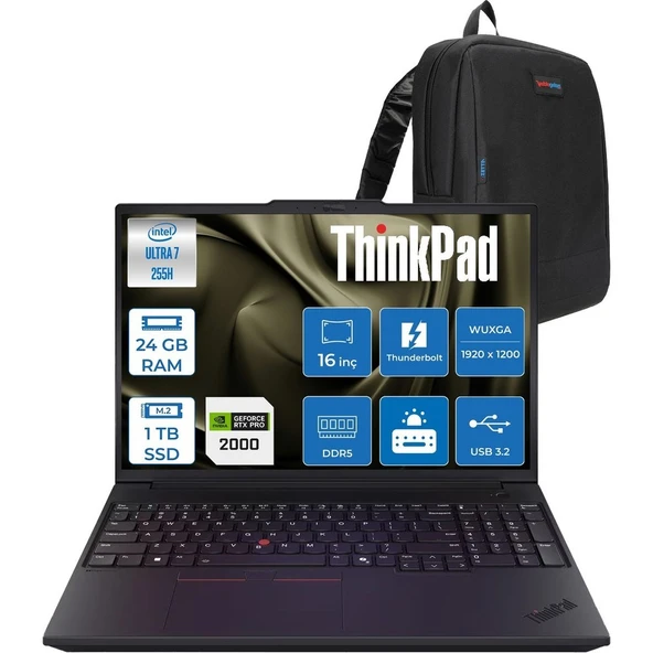 Lenovo Thinkpad P16V Gen3 Intel Core Ultra 7 255H 24GB 1tb SSD 8GB/RTXPRO2000 Blackwell 16" Wuxga IPS 400NITS 60Hz Wi-Fi7 Windows 11 Pro Taşınabilir Iş Istasyonu 21RS000BTXP06 + Zettaçanta ürün görseli 1