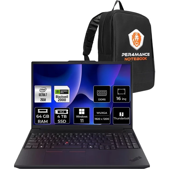 Lenovo Thinkpad P16V Gen 3 Core Ultra 7 265H İş İstasyonu 64GB RAM 4TB SSD 16" FHD+ Win11 Pro + Per4 USB 21RTS1EA00P449 ürün görseli 1