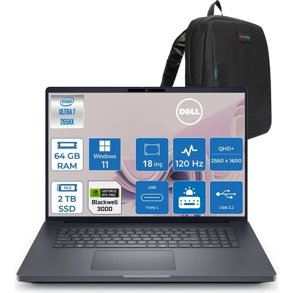 Dell Pro Max 18 Plus Intel Core Ultra 7 265HX 64GB Ddr5 2tb SSD Rtx Pro 3000 Blackwell 12GB Windows 11 Pro 18" 120HZ Qhd+ 2560 x 1600 Wva 500NITS Mobil Iş Istasyonu MB18250263P12 + Zetta Çanta ürün görseli 1