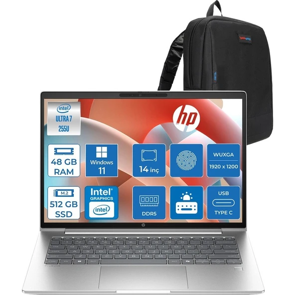 HP Probook 4 G1I Intel Ultra7 255U 48GB Ddr5 512GB SSD 14 Inch Intel® Grafik Gpu Wuxga (1920X1200) IPS 300NIT WIN11PRO Taşınabilir Bilgisayar D21PDETP17+ZETTAÇANTA ürün görseli 1