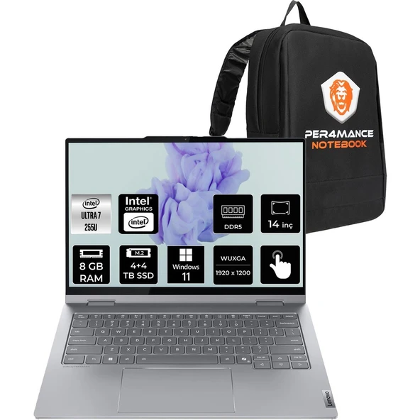 Lenovo Thinkbook 14 Gen 5 Core Ultra 7 255U Notebook 8GB RAM 4TB SSD 14" FHD+ Win11 Pro + Per4 Çanta 21SQ002TTXP426 ürün görseli 1