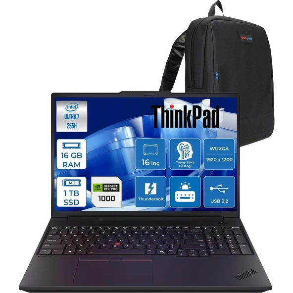 Lenovo Thinkpad P16V Gen3 Intel Core Ultra 7 255H 16GB 1tb SSD 8GB/RTXPRO1000 Blackwell 16" Wuxga IPS 400NITS Freedos Taşınabilir Iş Istasyonu 21RS0006TXF02 + Zettaçanta ürün görseli 1