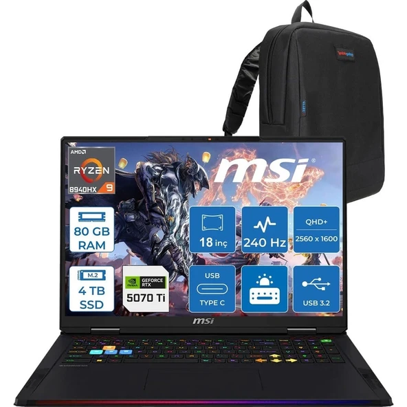 MSI Msı Raıder A18 Hx A8WHG-280TR Amd Ryzen 9 8940HX 80GB Ddr5 4tb SSD Rtx 5070 Ti 12GB Gddr7 140W Freedos 18” Qhd+ (2560X1600) 240Hz Ips-Level Oyuncu Bilgisayarı 280TRF18 + Zetta Çanta ürün görseli 1