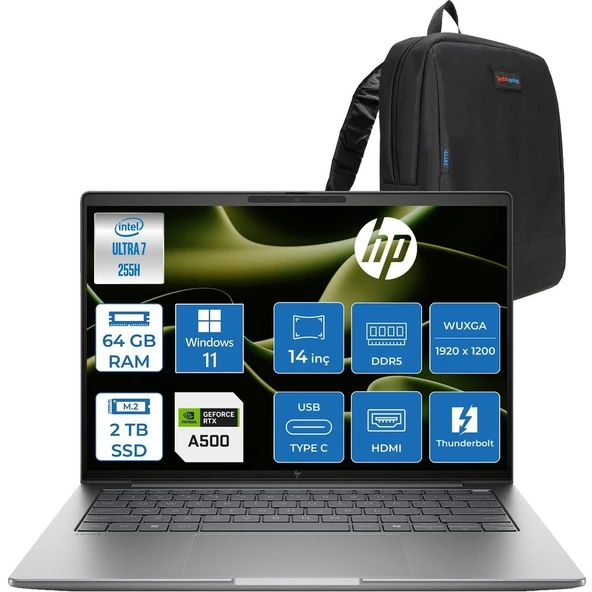 HP Zbook 8 G1I Intel Core Ultra 7 255H 64GB Ddr5 2tb SSD 4GB/RTXA500 14" Wuxga Düşük Mavi Işık 300NIT %62,5 Srgb Windows 11 Pro Taşınabilir Iş Istasyonu B30HBESP23 + Zettaçanta ürün görseli 1