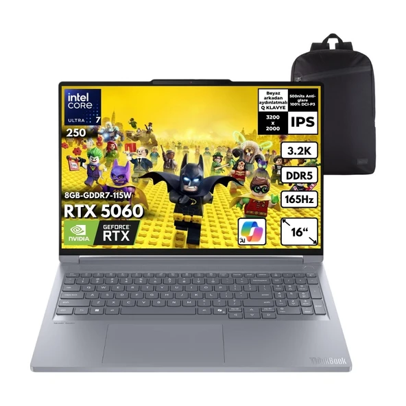 Lenovo Thinkbook 16P G6 Iax Ultra 7-255HX 40-Gbddr5 4 Tbssd RTX5060 (8GB-GDDR7-115W) 16" 3.2k 165Hz IPS Windows 11 Pro + Hmf Sırt Çantası 21R0001GTXHMF24 ürün görseli 1