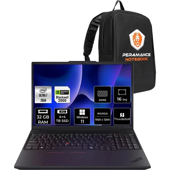 Lenovo Thinkpad P16V Gen 3 Core Ultra 7 265H İş İstasyonu 32GB RAM 4TB SSD 16" FHD+ Win11 Pro + Per4 USB 21RTS1EA00P432 ürün görseli 1