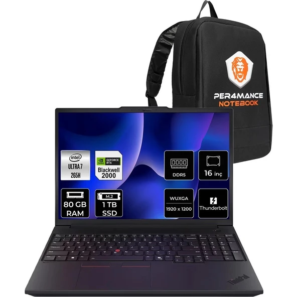 Lenovo Thinkpad P16V Gen 3 Core Ultra 7 265H İş İstasyonu 80GB RAM 1TB SSD 16" FHD+ FreeDOS + Per4 USB 21RTS1EA00P345 ürün görseli 1
