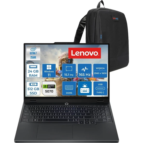 Lenovo Legion 5 15IAX10 Intel Core Ultra 7 255HX Ddr5 24GB 512GB SSD RTX5070/8GB/115W 15.1" Wqxga (2560X1600) OLED 1000NITS 165Hz WINDOWS11PRO Gaming Laptop 83F0008BTRP01+ZETTAÇANTA ürün görseli 1