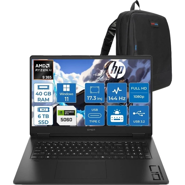 HP Omen 17-DB1022NT Amd Ryzen Aı 9 365 40GB Ddr5 6tb SSD Windows 11 Home RTX5060 8gb Gddr6 17.3 Inç Fullhd (1920 x 1080) 144Hz 7ms 300NITS IPS Taşınabilir Bilgisayar CD5N2EAH23 + Zetta Çanta ürün görseli 1