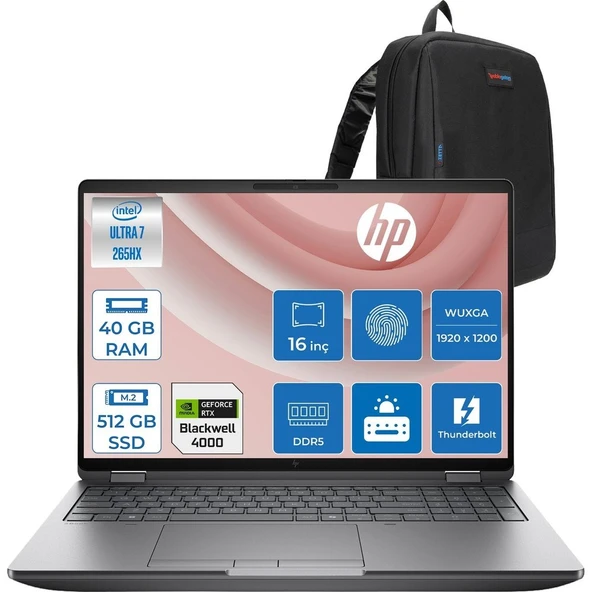 HP Zbook Fury 16 G1I Intel Ultra 7 265HX Ddr5 40GB 512GB SSD 16GB/RTXPRO4000 Blackwell 16" Wuxga IPS 400NIT Wi-Fi7+Bt 5.4 Windows 11 Pro Aı Iş Istasyonu C65H8ESP13 + Zettaçanta ürün görseli 1