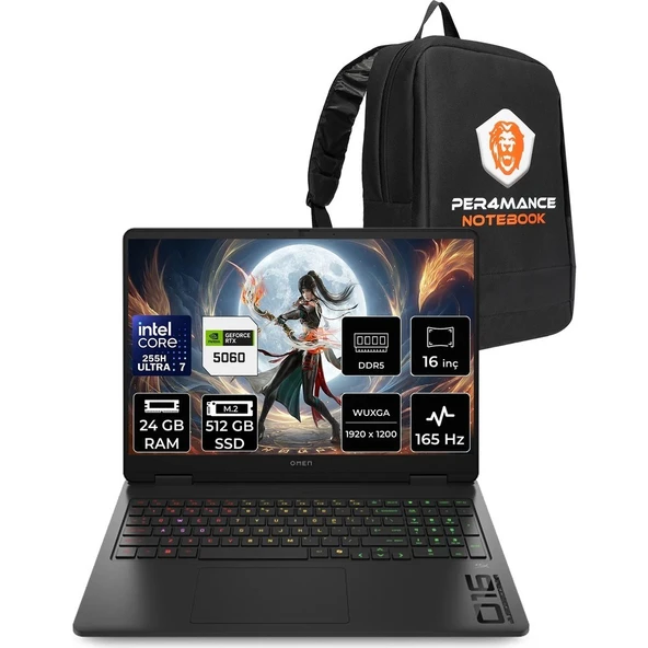 HP Omen Slim 16 Core Ultra 7 255H RTX 5060 8GB 24GB RAM 512GB SSD 16" FHD+ 165Hz FreeDOS CK9L3EAPN312 Gaming Laptop + Per4 Çanta ürün görseli 1