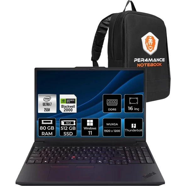 Lenovo Thinkpad P16V Gen 3 Core Ultra 7 255H İş İstasyonu 80GB RAM 512GB SSD 16" FHD+ Win11 Pro + Per4 USB 21RS000BTXP452 ürün görseli 1