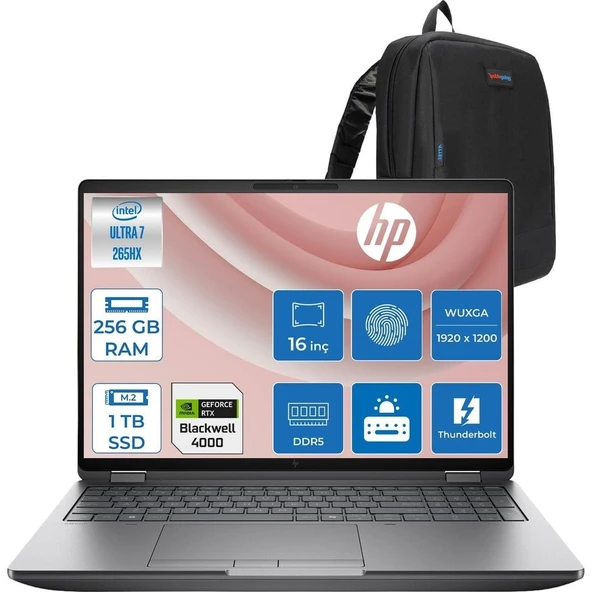 HP Zbook Fury 16 G1I Intel Ultra 7 265HX Ddr5 256GB 1tb SSD 16GB/RTXPRO4000 Blackwell 16" Wuxga IPS 400NIT Wi-Fi7+Bt 5.4 Windows 11 Pro Aı Iş Istasyonu C65H8ESP64 + Zettaçanta ürün görseli 1