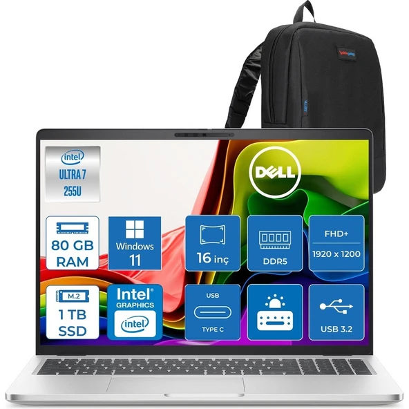 Dell Pro 16 Intel Core Ultra 7 255U 5.2ghz 80GB Ddr5 1tb SSD Windows 11 Pro Intel® Aı Boost 16 Inç IPS Fullhd+ (1920X1200) Taşınabilir Bilgisayar PC16250BTO107P33 + Zetta Çanta ürün görseli 1
