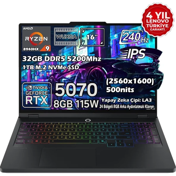 Lenovo Legion Pro 5 16ADR10 AMD Ryzen 9 8940HX 32GB 1TB SSD RTX 5070 8GB 16" WQXGA (2560X1600) IPS Panel 240Hz 115W Freedos Taşınabilir Dizüstü Bilgisayar 83LT0046TR ürün görseli 1