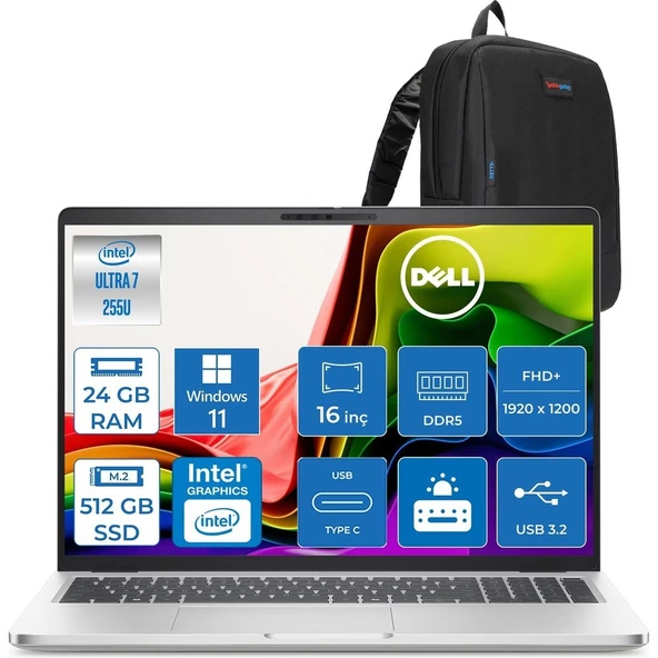 Dell Pro 16 Intel Core Ultra 7 255U 5.2ghz 24GB Ddr5 512GB SSD Windows 11 Pro Intel® Aı Boost 16 Inç IPS Fullhd+ (1920X1200) Taşınabilir Bilgisayar PC16250BTO107P07 + Zetta Çanta ürün görseli 1