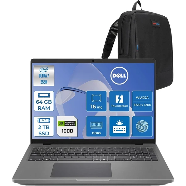 Dell Promax 16 MC16250 Intel Core Ultra 7 255H 64GB 2tb SSD 8GB/RTXPRO1000 Blackwell 16" Wuxga IPS 300NITS 60Hz Wi-Fi7 Windows 11 Pro Taşınabilir Iş Istasyonu APROMAX1604P23 + Zettaçanta ürün görseli 1