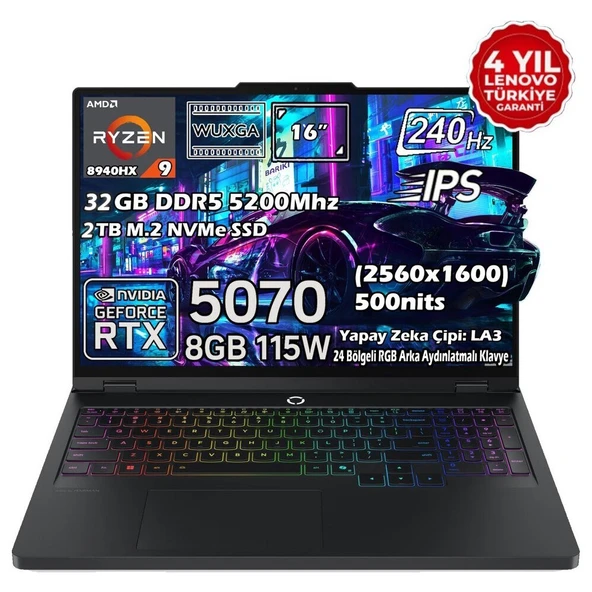 Lenovo Legion Pro 5 16ADR10 Amd Ryzen 9 8940HX 32GB 2tb SSD Rtx 5070 8gb 16" Wqxga (2560X1600) IPS Panel 240Hz 115W Windows 11 Pro Taşınabilir Bilgisayar 83LT0046TR ürün görseli 1