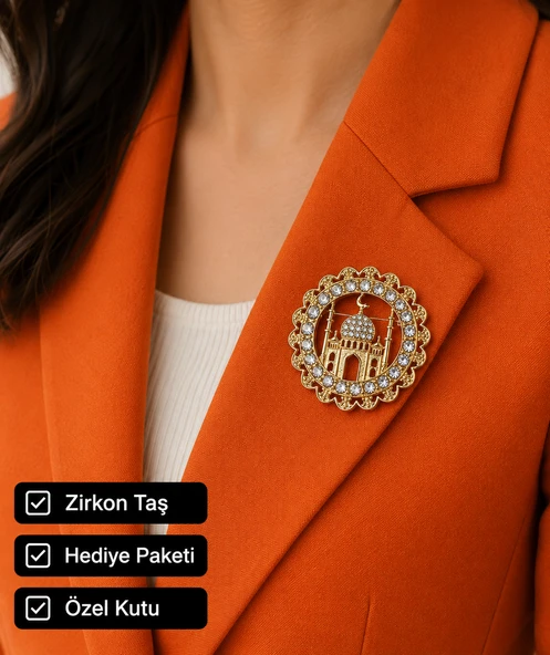 Zirkon Taşlı Osmanlı Motifli Ayasofya ve Hilal Tasarım Altın Renk Kadın Broşu ürün görseli 1