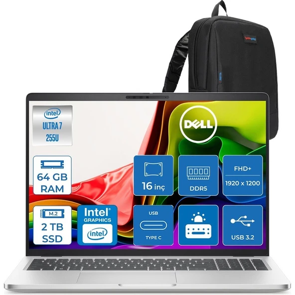 Dell Pro 16 Intel Core Ultra 7 255U 5.2ghz 64GB Ddr5 2tb SSD Freedos Intel® Aı Boost 16 Inç IPS Fullhd+ (1920X1200) Taşınabilir Bilgisayar PC16250BTO107F29 + Zetta Çanta ürün görseli 1