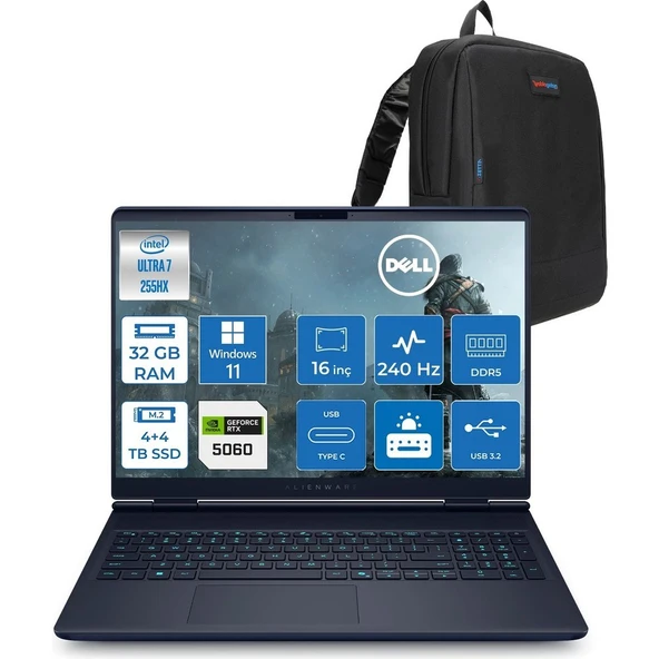 Dell Alienware 16X Aurora Core Ultra 7 255HX Aı 32GB 4tb Ssd+4tb SSD 8GB/RTX5060 Gddr7 115W 16" Wqxga 240Hz 500 Nits Windows 11 Pro Taşınabilir Bilgisayar ZAC16251P16+ZETTAÇANTA ürün görseli 1