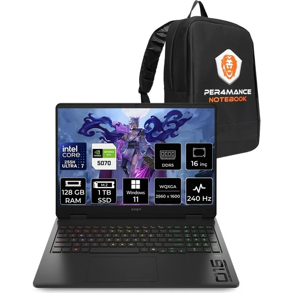 HP Omen Slim 16 Core Ultra 7 255H RTX 5070 8GB 128GB RAM 1TB SSD 16" QHD+ 240Hz Win11 Pro CJ8V8EAPN448 Gaming Laptop + Per4 Çanta ürün görseli 1
