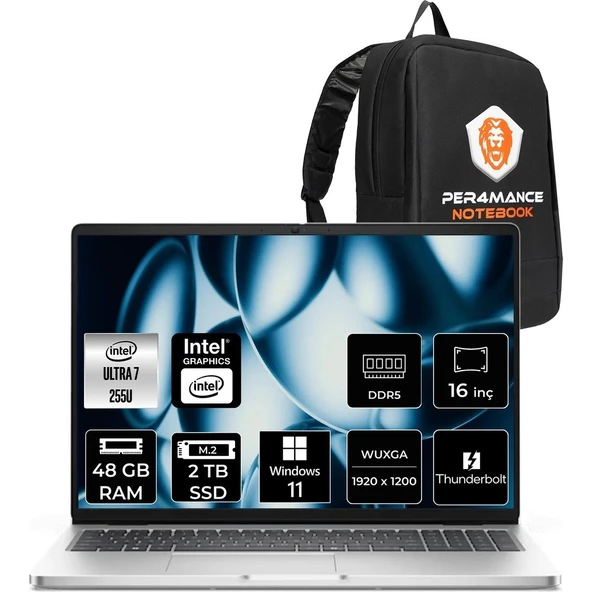 Pro 16 Core Ultra 7 255U Notebook 48GB RAM 2TB SSD 16" FHD+ Win11 Pro + Per4 Çanta BTO107PC16250P429