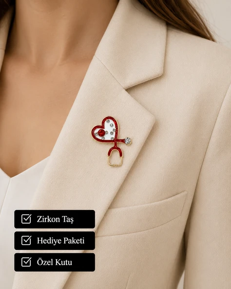 Kırmızı Kalp Tasarımlı Zirkon Taşlı Kadın Broşu – Özel Hediye Seçeneği ürün görseli 1