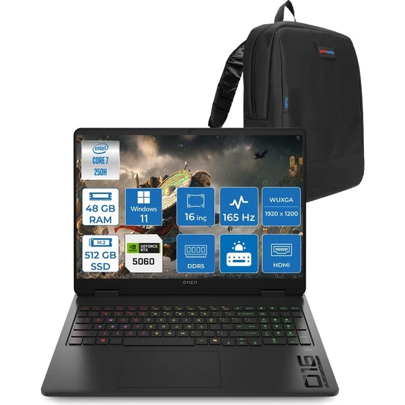 Omen Gaming Laptop Intel Core 7 250H Aı 48GB Ddr5 512GB SSD 8GB/RTX5060 Gddr7 16" 165 Hz, 3 Ms IPS 400 Nits IPS 2k (1920 x 1200 WIN11PRO Gaming BILG.BQ9A8EAP12+ZETTAÇANTA