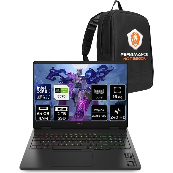 HP Omen Slim 16 Core Ultra 7 255H RTX 5070 8GB 64GB RAM 2TB SSD 16" QHD+ 240Hz FreeDOS CJ8V8EAPN334 Gaming Laptop + Per4 Çanta ürün görseli 1