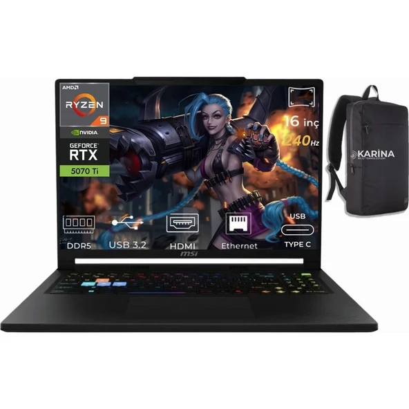 MSI Msı Raider A16 Hx Ryzen 9 8940HX B8WH-011TR-K11 96GB 2tb RTX5070TI 12GB W11HOME 16 Qhd+ 240Hz Taşınabilir Bilgisayar ürün görseli 1