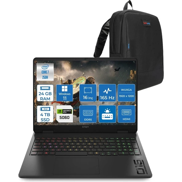 Omen Gaming Laptop Intel Core 7 250H Aı 24GB Ddr5 4tb SSD 8GB/RTX5060 Gddr7 16" 165 Hz, 3 Ms IPS 400 Nits IPS 2k (1920 x 1200 WIN11PRO Gaming BILG.BQ9A8EAP05+ZETTAÇANTA