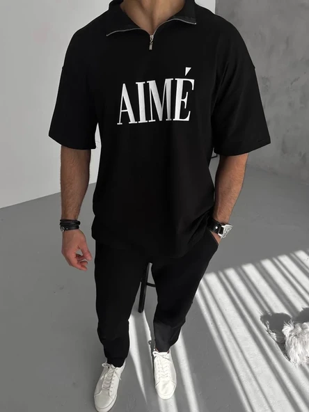 Unisex Yarım Fermuarlı Baskılı T-shirt - Siyah ürün görseli 1