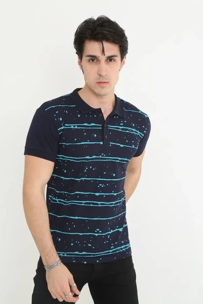 Erkek Yakalı Slim Fit Pike Çizgili T-shirt - Lacivert ürün görseli 1