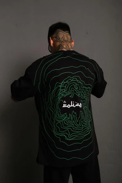 Erkek Bisiklet Yakalı Sırt Baskılı Oversize T-shirt - Siyah ürün görseli 1