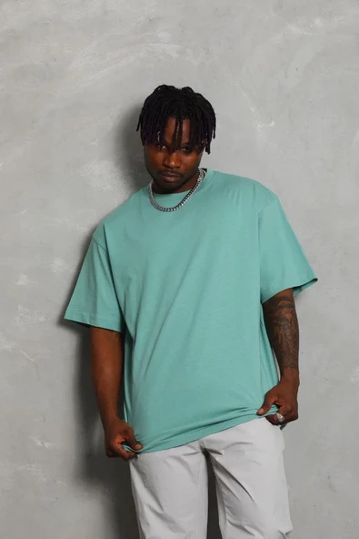 Unisex Oversize Düz Bisiklet Yaka T-shirt - Mint Yeşili ürün görseli 1
