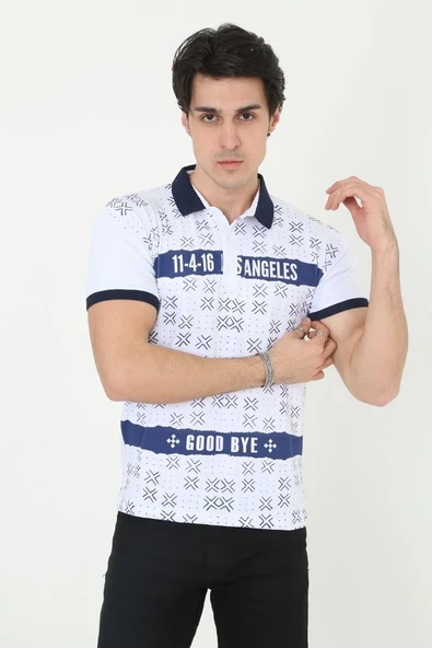 Erkek Yakalı Slim Fit Baskılı T-shirt - Beyaz ürün görseli 1