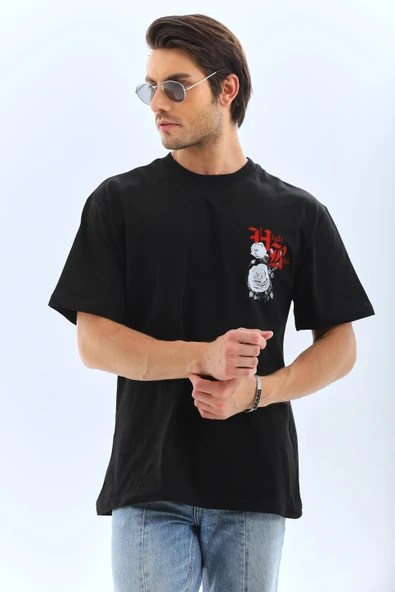 Unisex Oversize Baskılı Bisiklet Yaka T-shirt - Siyah ürün görseli 1