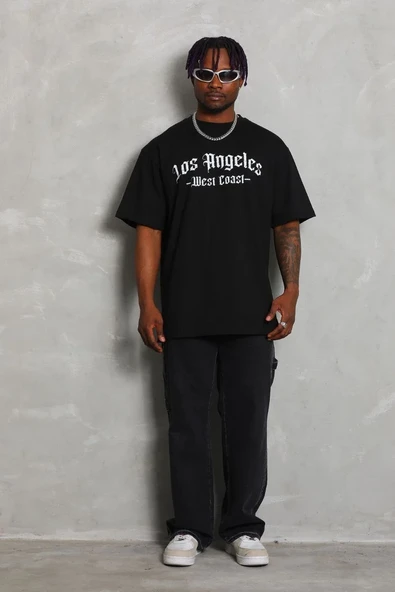 Unisex Oversize Baskılı Bisiklet Yaka T-shirt - Siyah ürün görseli 1