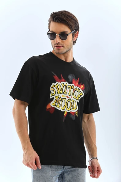 Unisex Oversize Baskılı Bisiklet Yaka T-shirt - Siyah ürün görseli 1