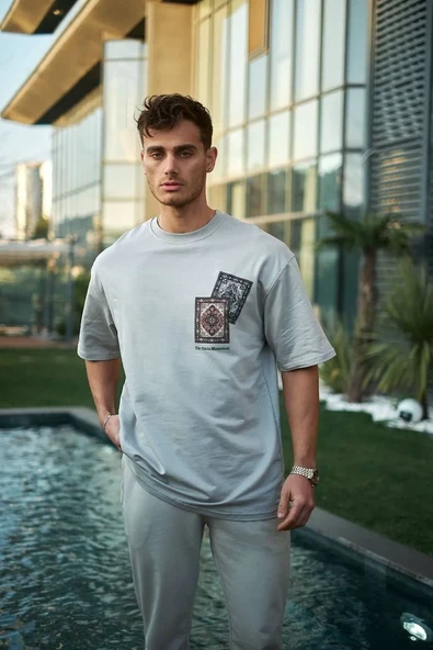 Unisex Bisiklet Yaka Baskılı Oversize T-shirt - Boyalı Gri ürün görseli 1