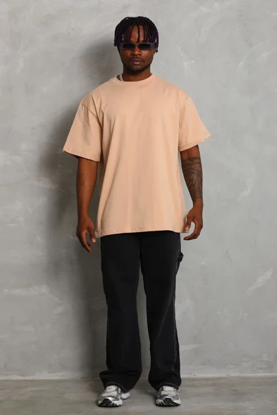 Unisex Oversize Düz Bisiklet Yaka T-shirt - Bej ürün görseli 1