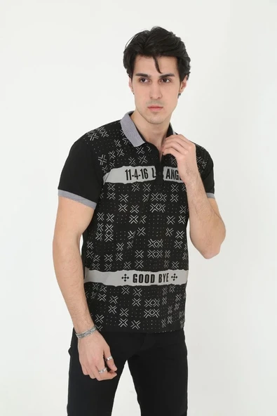 Erkek Yakalı Slim Fit Baskılı T-shirt - Siyah ürün görseli 1