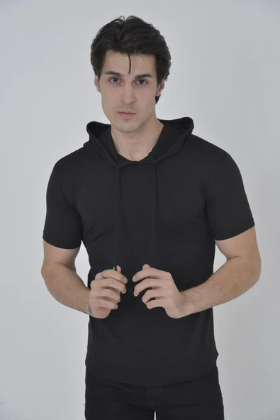 Erkek Kapşonlu Slim Fit T-shirt - Siyah ürün görseli 1