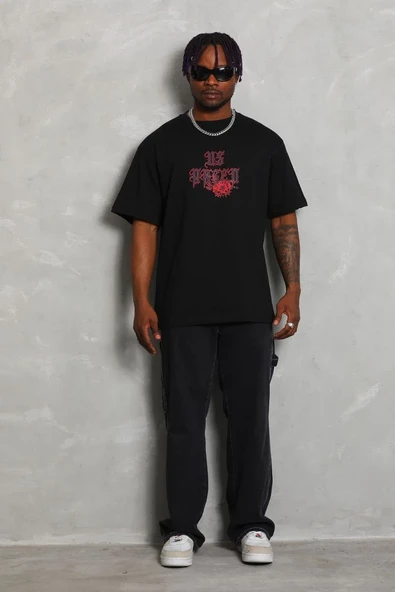 Unisex Oversize Baskılı Bisiklet Yaka T-shirt - Siyah ürün görseli 1