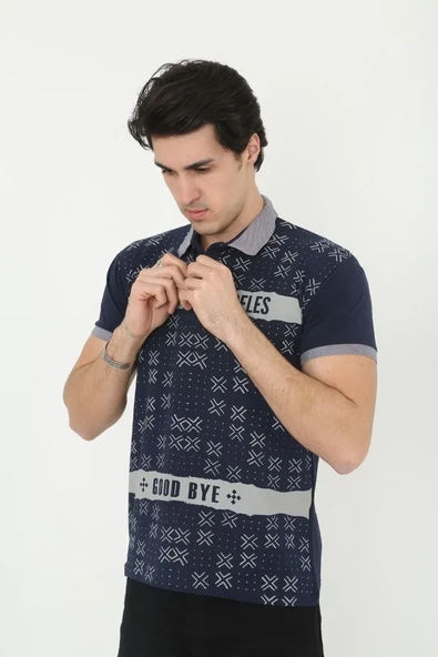 Erkek Yakalı Slim Fit Baskılı T-shirt - Lacivert ürün görseli 1