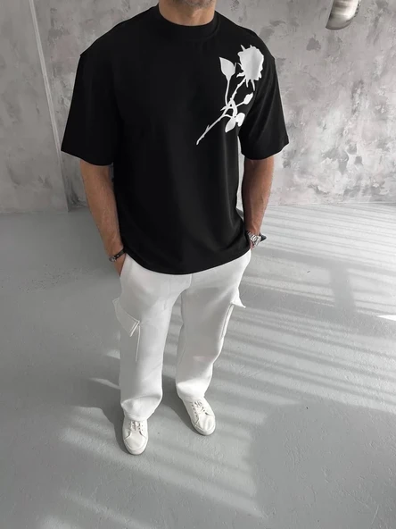 Unisex Bisiklet Yaka Baskılı Oversize T-shirt - Siyah ürün görseli 1
